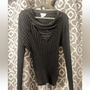 Gardy Women's Black Knit Top w Sheer Beaded Rhinestone V Neck Long Sleeve Size M